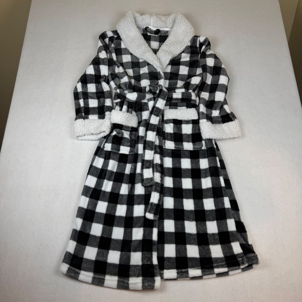Maurices Sleep Womens Buffalo Plaid Fleece Robe Sherpa Collar Black White Medium
